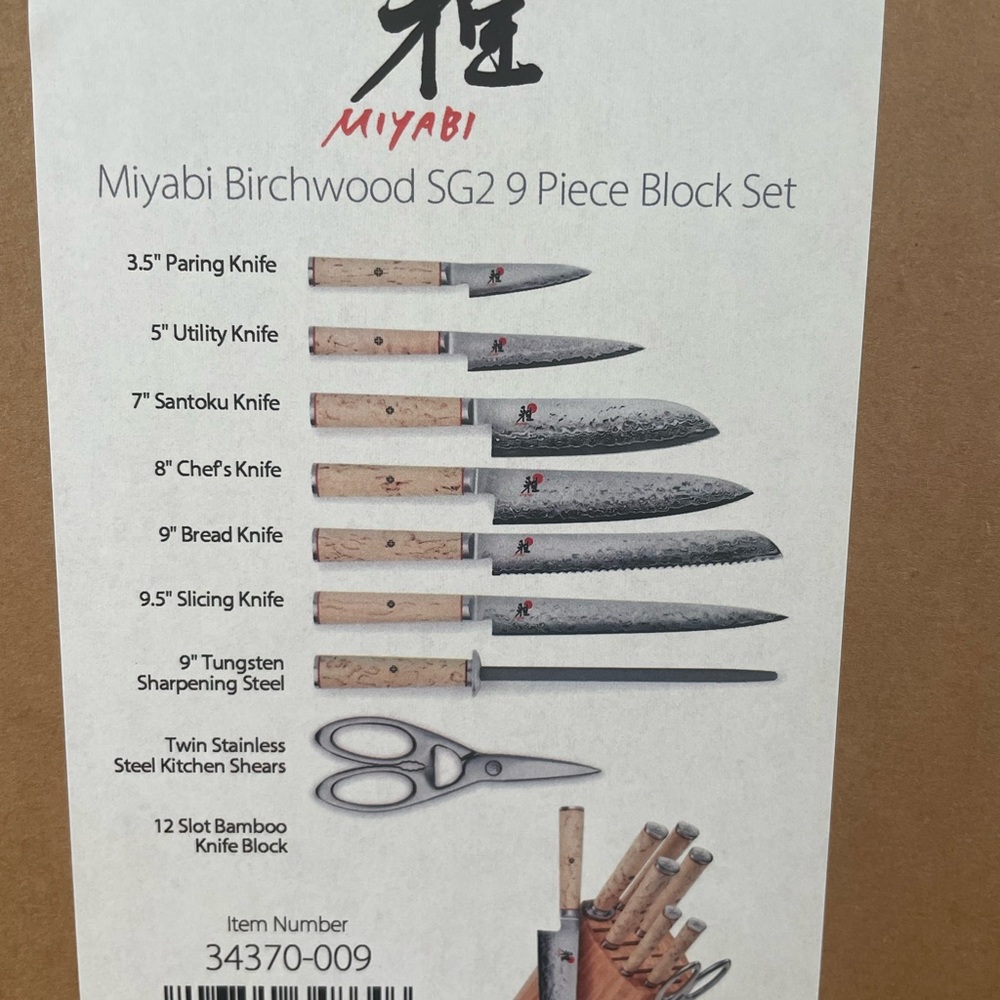 Miyabi Birchwood 9 piece knife set (never opened), 2 knifes packed separately.